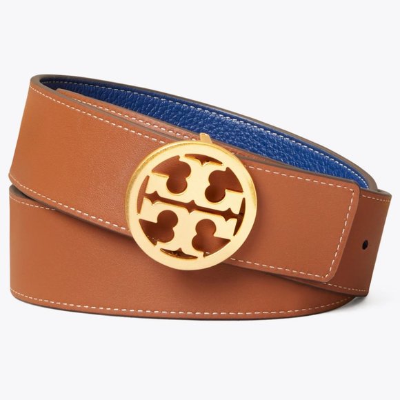 Tory Burch Reversible Logo WIDE 1 1/2" Belt Blue Brown - Picture 2 of 7